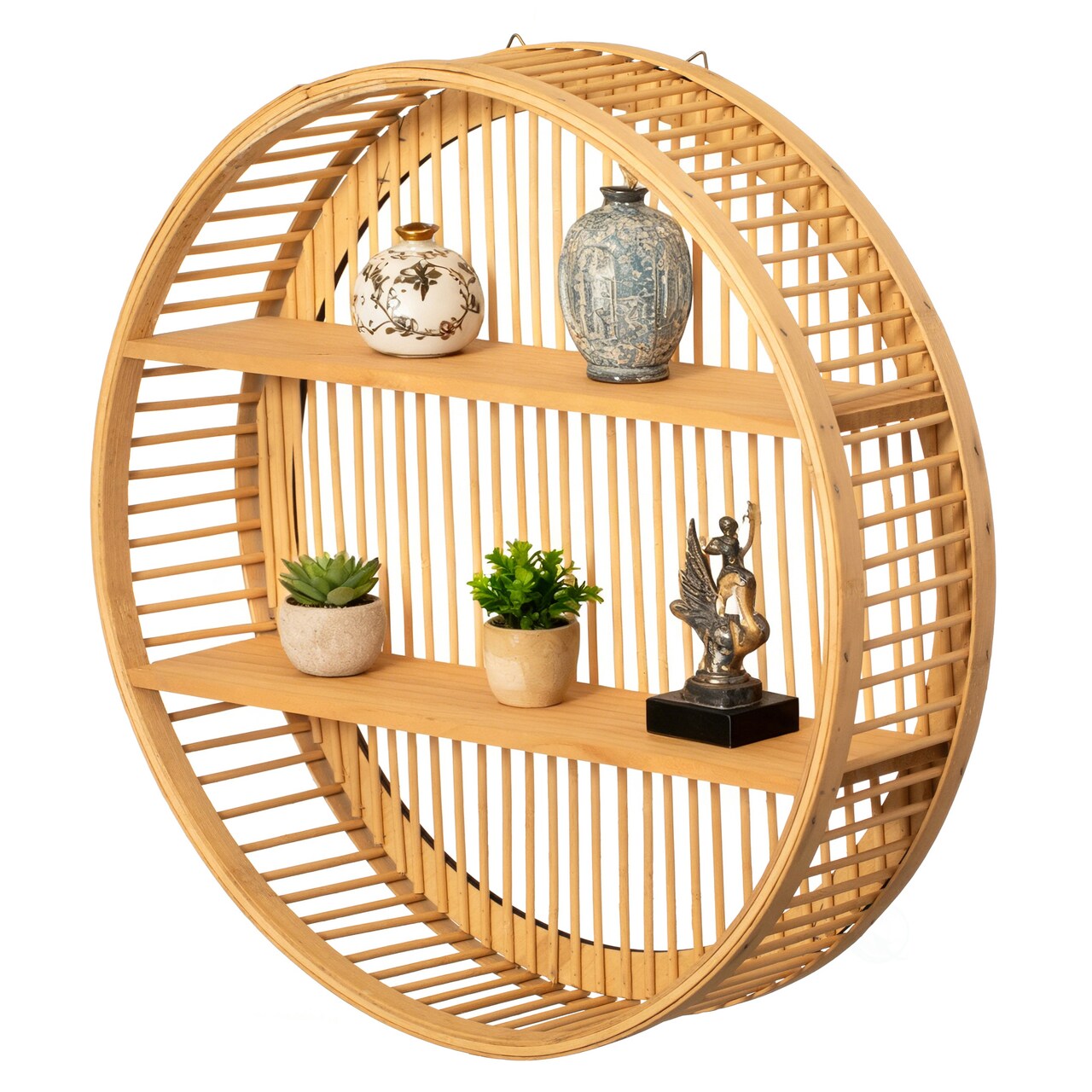 Vintiquewise Round Bamboo Wall Shelf with 2 Wooden Tiers – Natural Hanging Wall Decor and Floating Display Rack Accent for Modern Home Office Living Room Bedroom and Kitchen